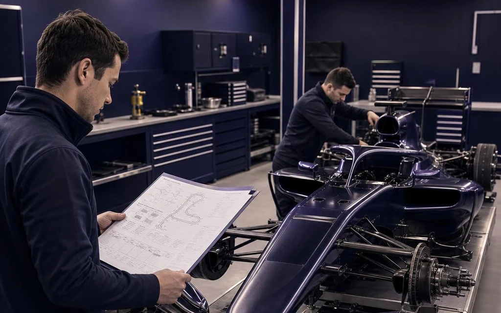 Engineer studies a setup sheet next to the race car in the workshop.