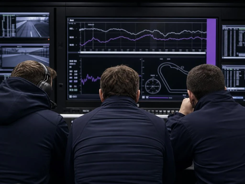 Three pit crew members confer in front of a telemetry screen