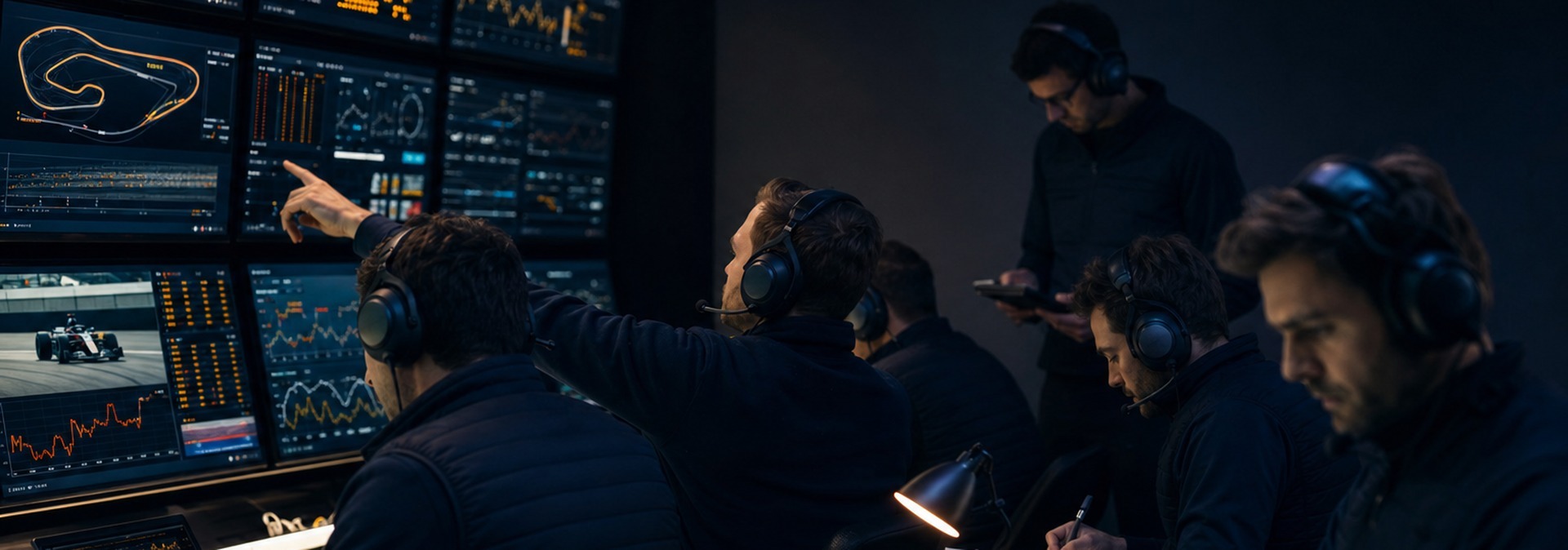 Race-Control-Team analysiert Telemetriedaten an einer Bildschirmwand